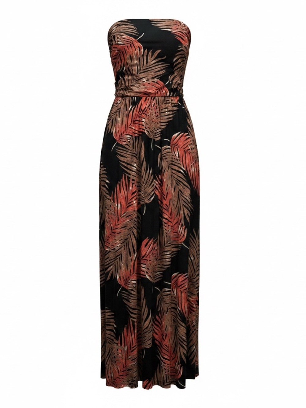 Tropical Strapless Maxi Dress with Coral and Tan Leaf Print